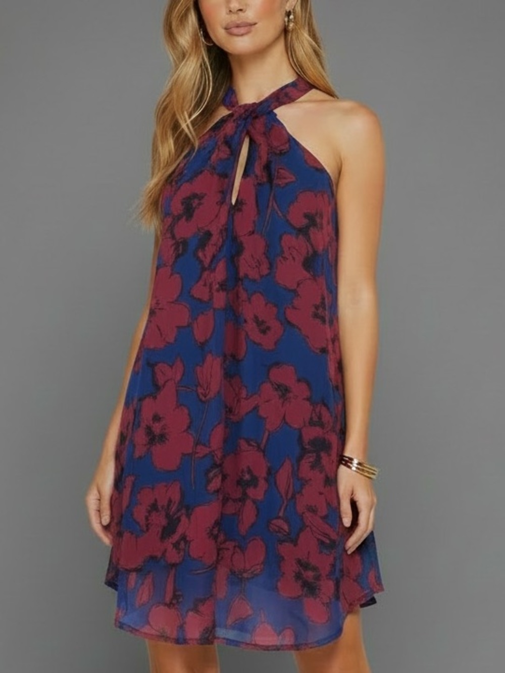 ASTR Blue & Red Floral Sleeveless Halter Lined Dress Size Small